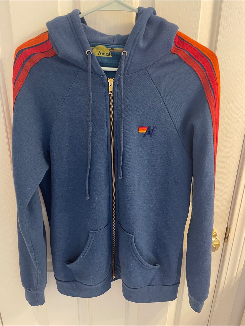 Aviator Nation Blue Zip Hoodie with Orange & Red Shoulder Stripes
